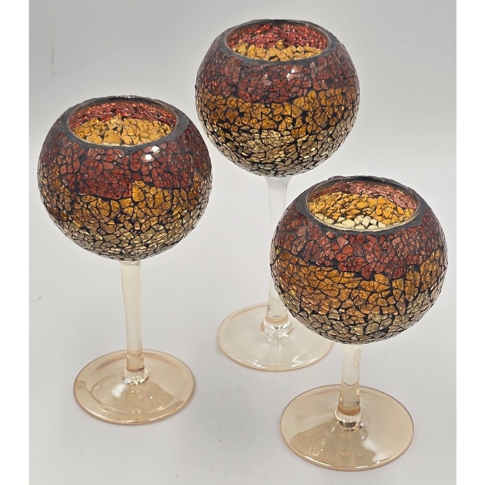 Vintage Set of 3 Mosaic Crackle Glass Goblet Candle Holders Ombre Amber Gold